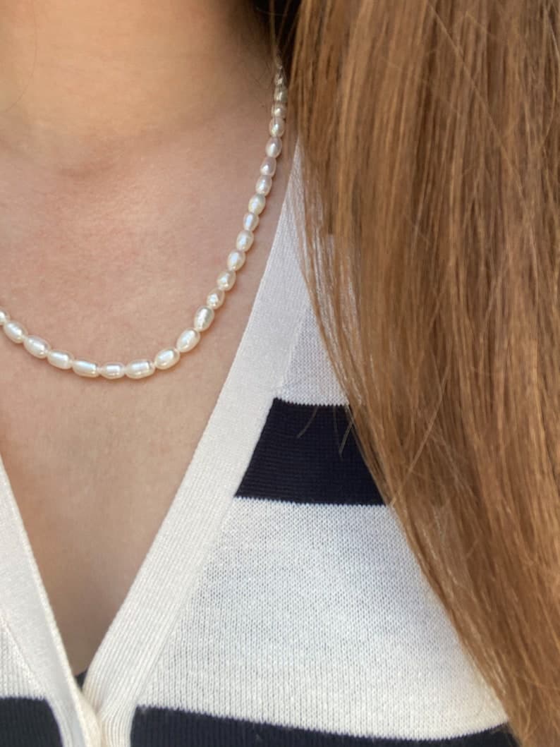 Freshwater Rice Pearl Necklace, Sterling Silver Clasp, Hand-Strung Beaded Necklace, Minimalist Jewelry preview 2