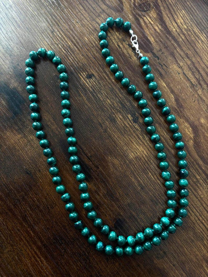 Malachite Beaded Long Necklace, Sterling Silver Clasp preview 3