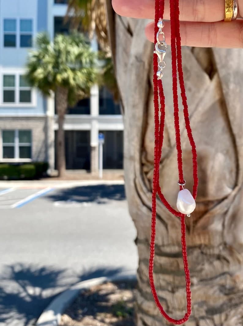 Coral Long Pendant Necklace with Baroque Freshwater Pearl, Sterling Silver Clasp preview 3