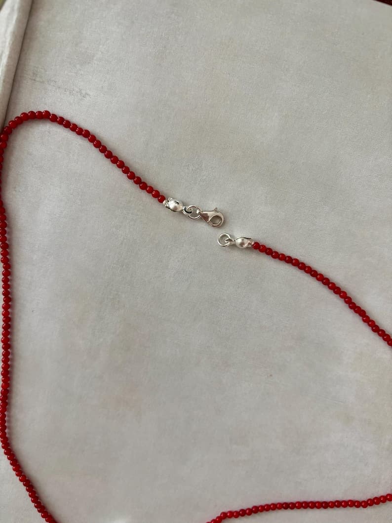 Red Coral Round Beads Necklace, Baroque Freshwater Cross Pearl Pendant, Sterling Silver Clasp, Handmade preview 4