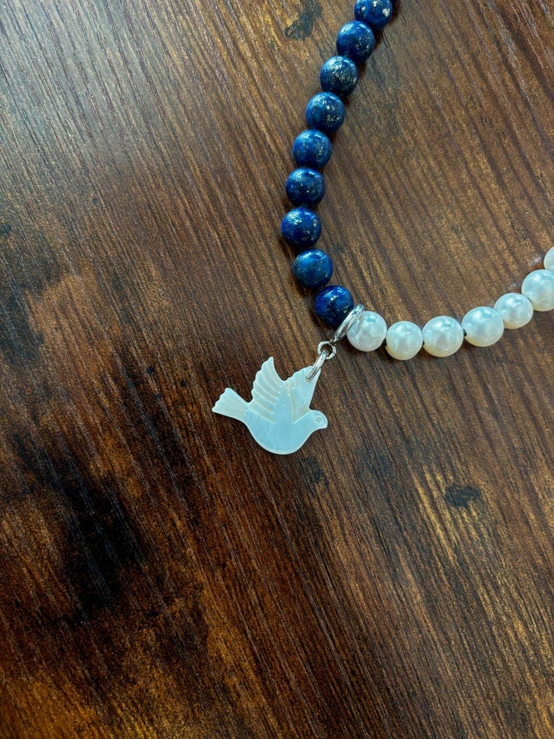 Lapis Lazuli & Freshwater Pearl Necklace with Shell Dove Pendant preview 4