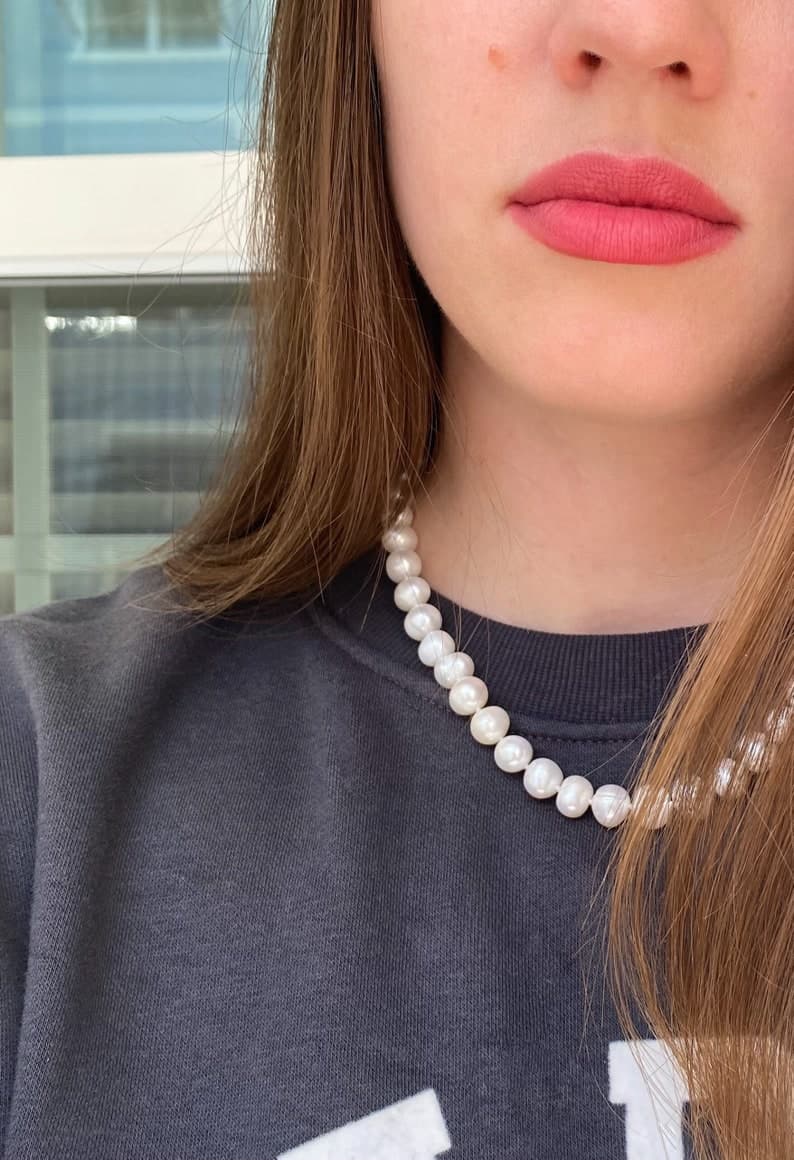 Large Freshwater Pearl Necklace, Hand-Knotted, Sterling Silver Clasp preview 2