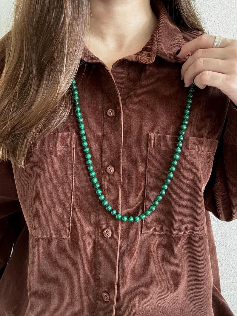 Malachite Beaded Long Necklace, Sterling Silver Clasp