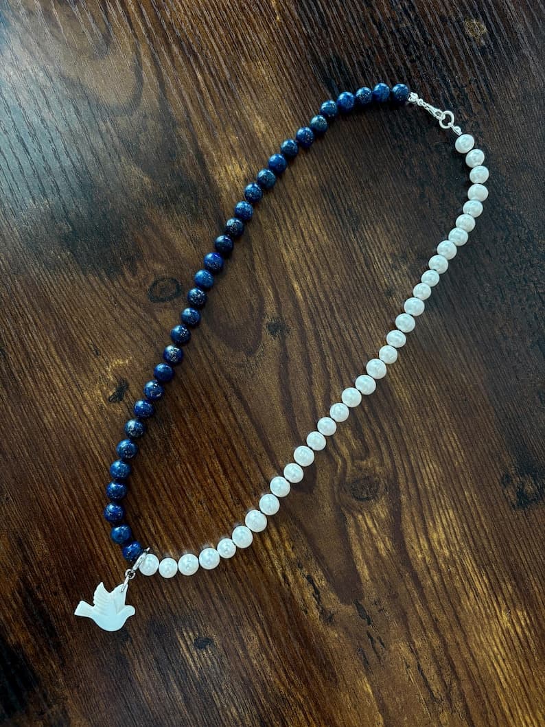 Lapis Lazuli & Freshwater Pearl Necklace with Shell Dove Pendant preview 3