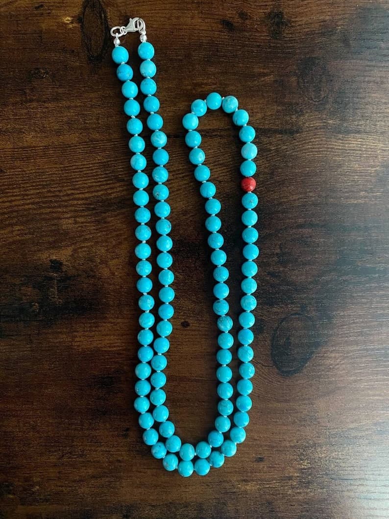 Turquoise Beaded Long Necklace, Sterling Silver Clasp, Boho Style, Handmade Jewelry preview 4