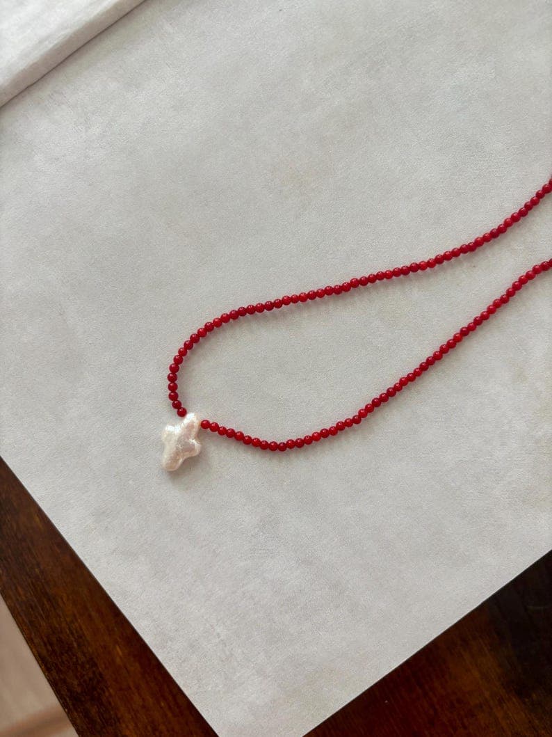 Red Coral Round Beads Necklace, Baroque Freshwater Cross Pearl Pendant, Sterling Silver Clasp, Handmade preview 3